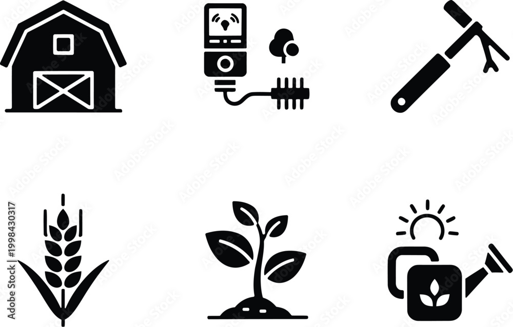 Fototapeta premium Agricultural icons set farming tools and crop illustrations in black silhouette style