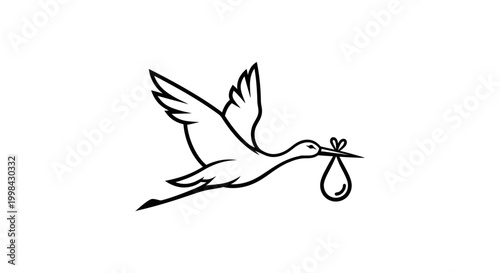 Minimalist stork carrying baby bundle line art illustration