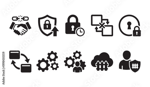 Collection of black and white icons illustrating data security digital processes