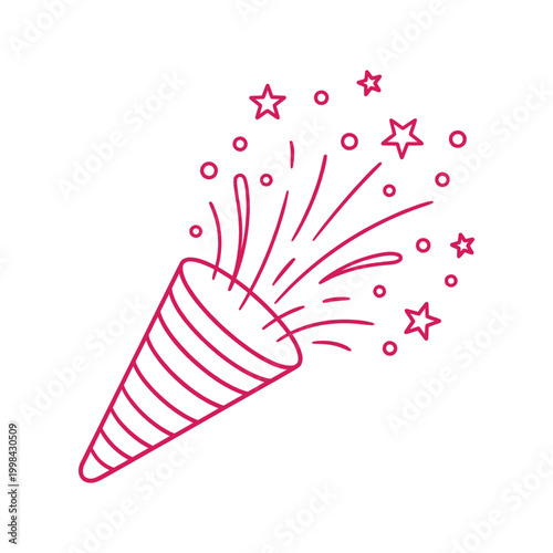 Party popper with stars and lines on white background.