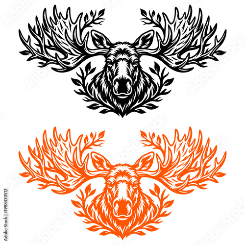 High quality vector illustration of a moose head with ornate antlers and leaves perfect for hunting logos nature branding and outdoor apparel design