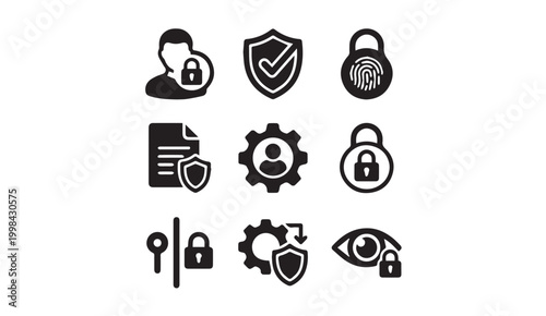 Biometric security and data protection icons with fingerprint lock user profile