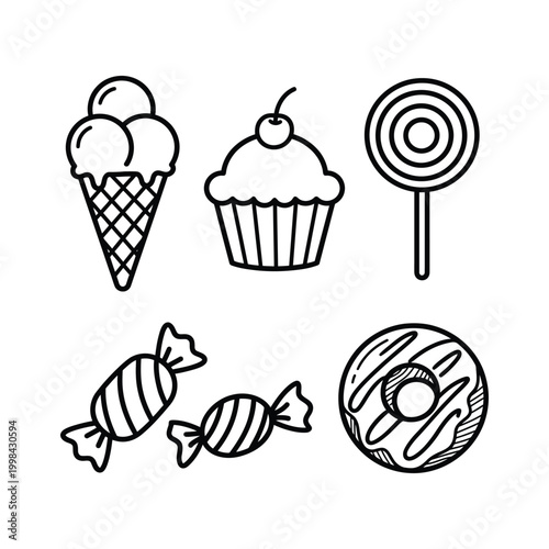 Black and white line drawing of various sweet treats and desserts  ice cream cone cupcake lollipop candies donut.