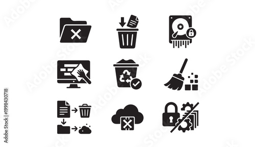 Data cleanup and deletion icons set with folder trash shredder cloud elements