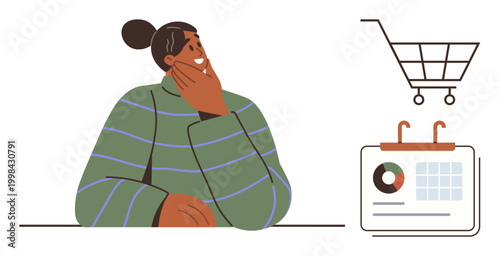 E-commerce, online shopping, marketing strategy, analytics, sales planning, decision-making. A person contemplating near a shopping cart and analytics chart. Online shopping and marketing strategy