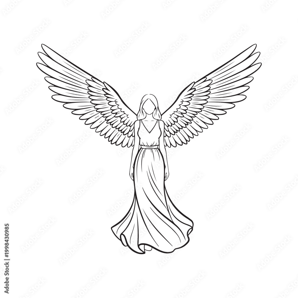 Fototapeta premium Minimalist female angel with large spread wings line art vector illustration isolated on white background