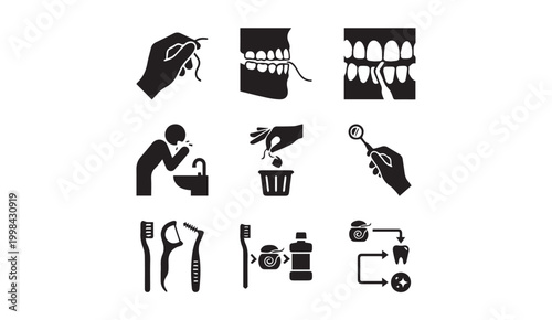 Detailed oral hygiene and interdental cleaning technique icons with flossing