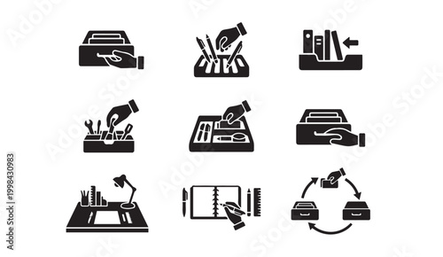 Office organization and desktop storage management icon set with organization