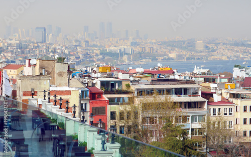 Photography Panoramic aerial view of Istanbul city buildings and Bosphorus strait