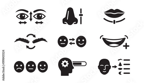 Black facial anatomy and emotion icons for surgery or expression analysis