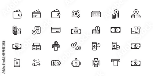 Financial and Banking Line Icon Set with Wallets, Credit Cards, and Money