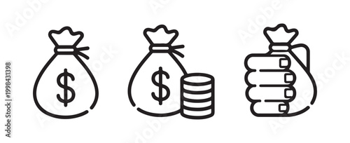 Money Bag Icons with Dollar Sign, Coins, and Hand Holding Sack