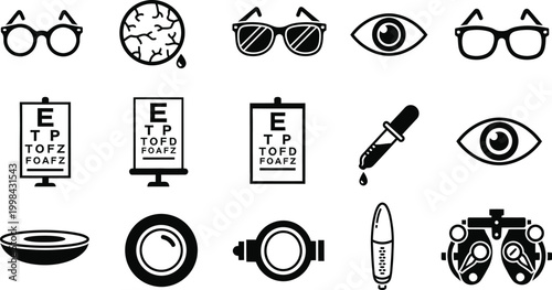 Optometry and ophthalmology icons comprehensive eye care tools and visual charts