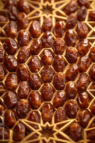 Luxury dates arranged on Islamic geometric golden pattern background, Ramadan and Hajj concept