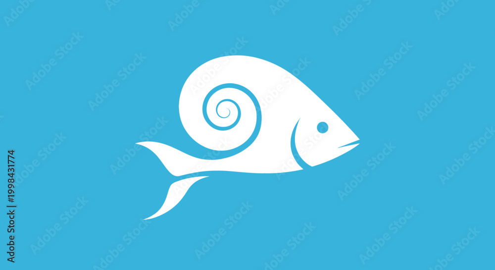Obraz premium Minimalist white fish icon with spiral shell on blue background