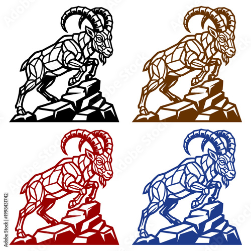 Stylized mountain goat ibex vector illustration set in geometric polygonal style on rocks for outdoor branding and hunting logos in four colors
