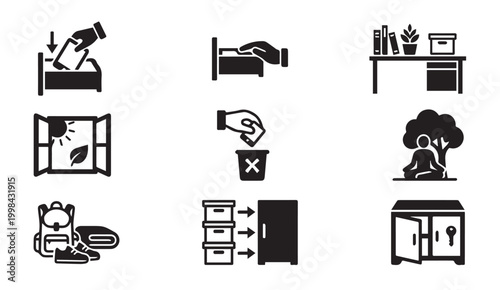 Home organization and decluttering icons for tidy living and outdoor prep