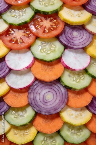 Colorful sliced vegetables overlapping pattern background, top view fresh food texture