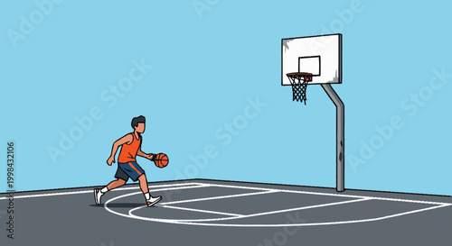 Basketball player dribbling on outdoor court under blue sky