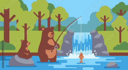 Bear parent and cub fishing together by a scenic waterfall