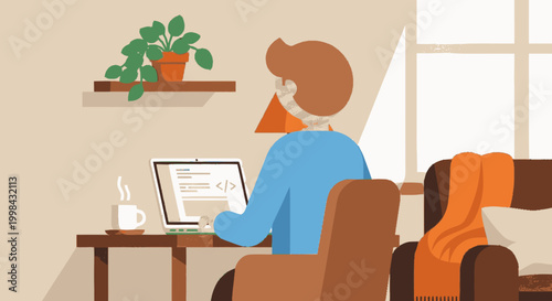 Bearded man coding on laptop in cozy home office