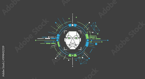 Biometric facial recognition icon with digital HUD on dark background
