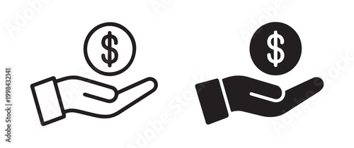 Hand holding dollar coin icon set, outline and solid black vector illustration for finance and donation concepts
