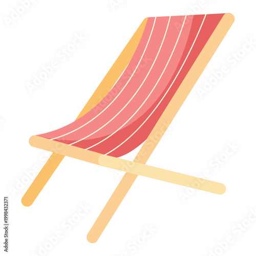 Striped pink and white deck chair, vector flat illustration of beach lounger for summer vacation and travel design