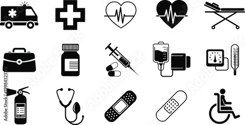 Medical icons set healthcare symbols and emergency equipment collection
