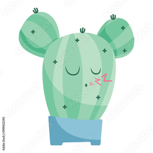 Cute sleeping cactus character with zzz in blue pot, vector flat illustration of kawaii cartoon potted plant