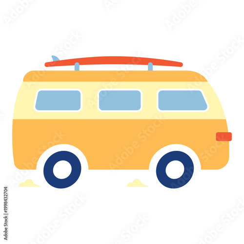 Yellow surf camper van with surfboards on roof, vector flat illustration of summer road trip vehicle for travel design