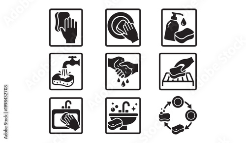 Dishwashing and kitchen cleaning instruction icons set in square frames