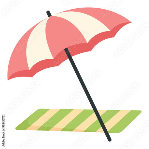 Pink and white striped beach umbrella with mat, vector flat illustration of summer parasol for beach vacation design