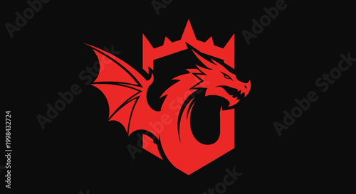 Bild auf Leinwand Red dragon mascot logo with crown and shield