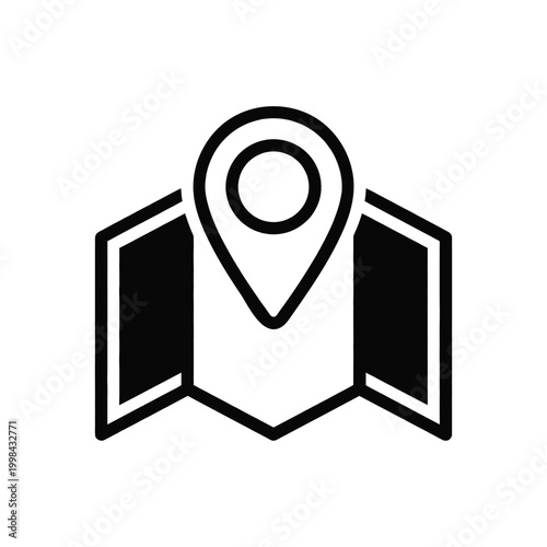 Simple black line icon of a map marker on folded map pages.