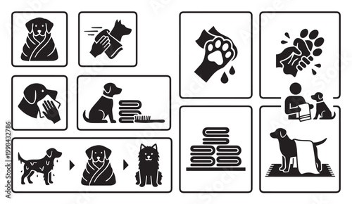 Pet grooming and dog drying process instruction icon set with grooming, domestic