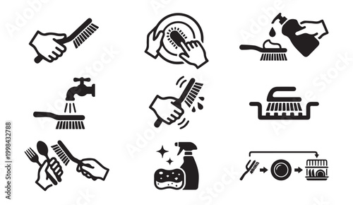 Housekeeping cleaning brush and scrubber instruction icon collection