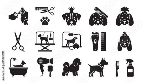 Dog grooming service icon set for pet care professional and salons with grooming