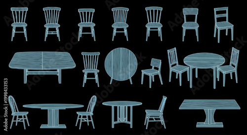 AutoCAD Single Chair Dining Table Top View Vector Set – Wooden Furniture Interior Plan Blueprint Cyan Outline on Black Background