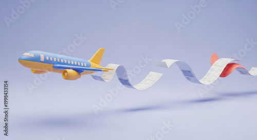 3d rendering of a passenger airplane with a long paper bill or receipt trailing behind representing travel expenses
