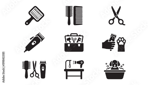 Professional pet grooming tool icons for animal beauty and care with grooming