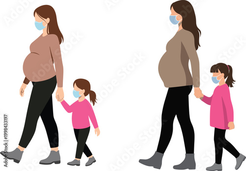 Pregnant mother wearing face mask walking with child, family safety concept, pandemic lifestyle scene – vector illustration