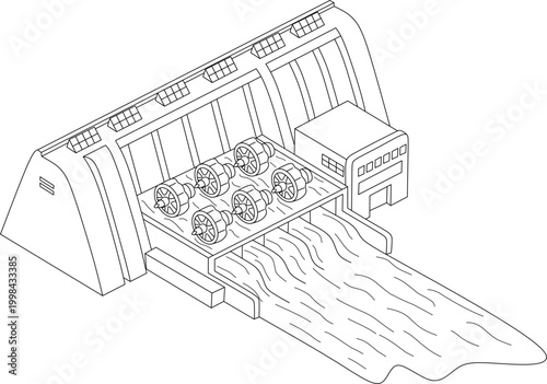 Technology dam line drawing of a hydroelectric dam with turbines for modern energy solutions, suitable for renewable energy concepts.