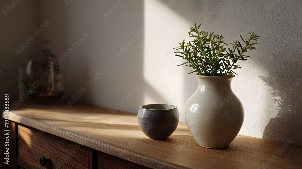 Fototapeta premium A quiet still life featuring a potted plant ceramic vase and decorative bowl resting on a rustic wooden dresser illuminated by natural sunlight