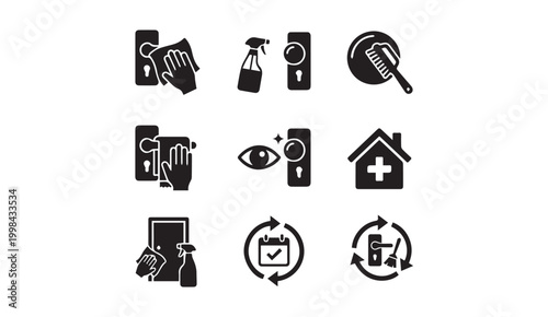 Door handle sanitization and hygiene cleaning icon set with cleaning, sanitizing