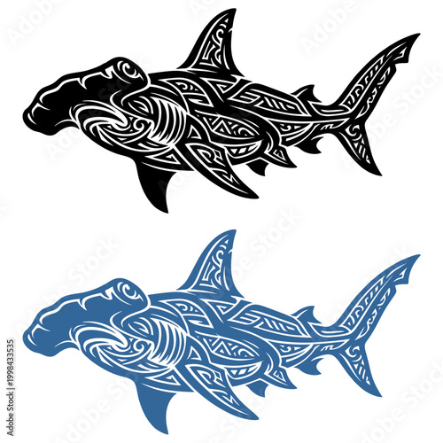 Two hammerhead sharks with intricate tribal patterns in black and blue isolated on white background for tattoos and decor