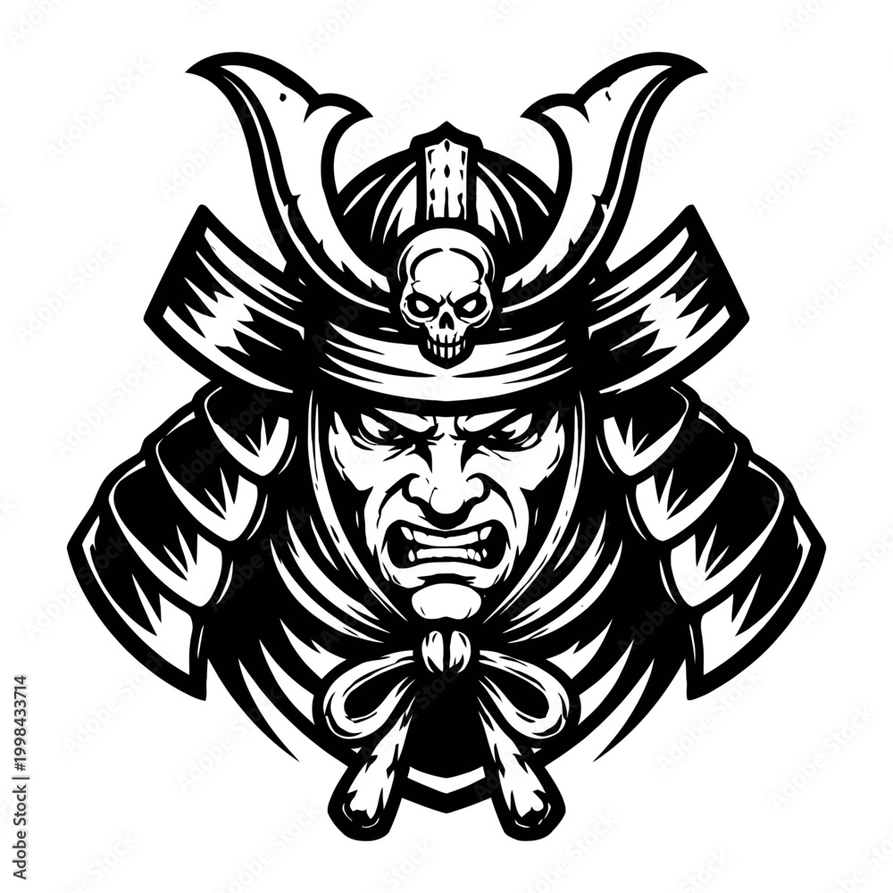 Fototapeta premium A fierce samurai warrior wearing a horned helmet with a skull kep38.eps illustration