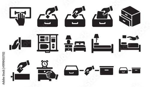 Furniture organization and storage drawer filing icon set with furniture
