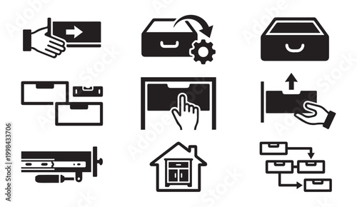 Cabinet assembly and furniture drawer installation icon set with furniture