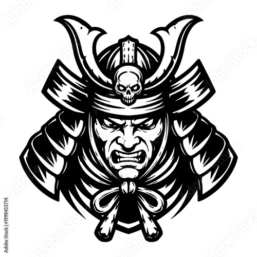 A fierce samurai warrior wearing a horned helmet with a skull kep38.eps illustration